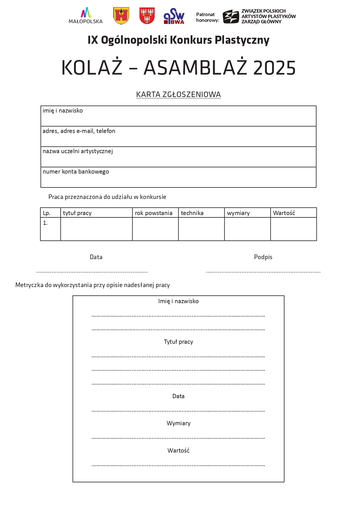 KARTA ZGŁOSZENIA 2025 page 0001 Konkurs Kolaż Asamblaż 2025 BWA Olkusz